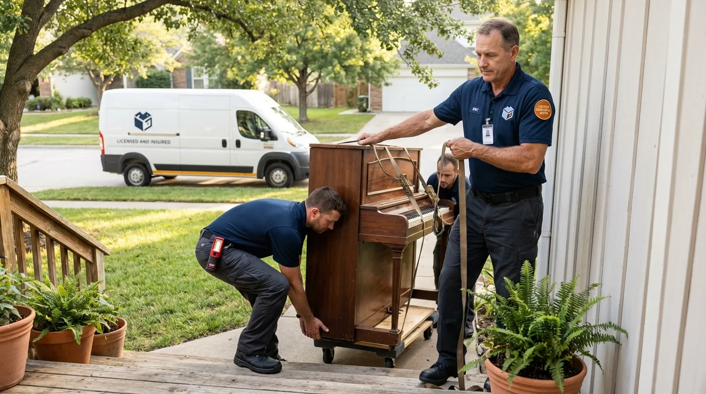 Licensed piano movers securing grand piano in Stillwater, MN